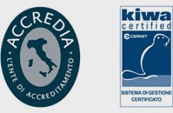 Certificazioni: Accredia lente di accreditamento - Kiwa certified sistema di gestione certificato